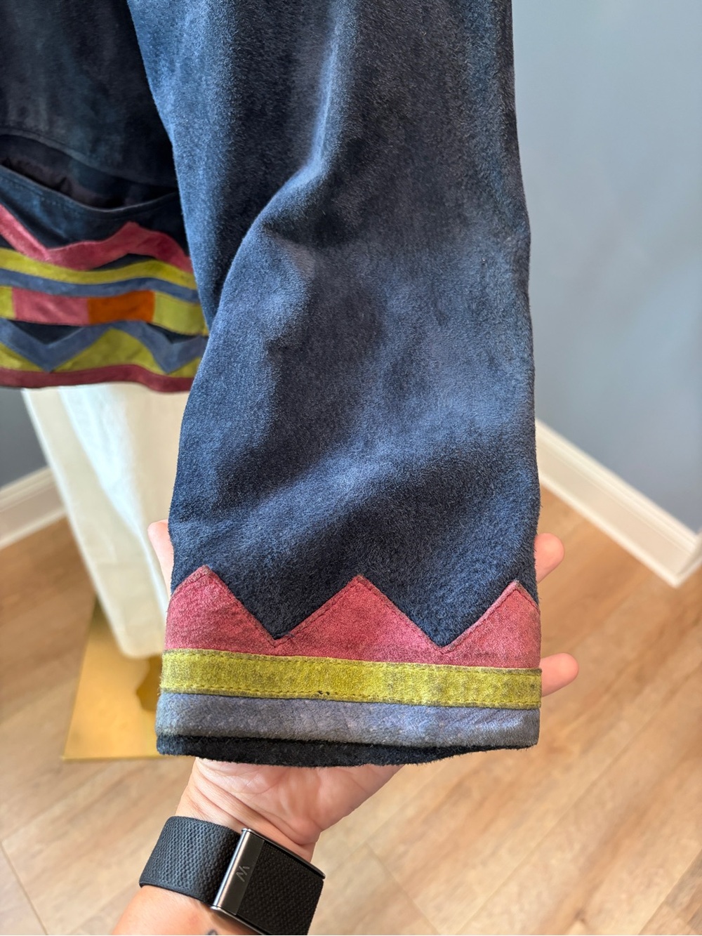 Rare Vintage Sonneur Suede Leather Jacket Faux Fur Collar Southwest Colorblock - Picture 4 of 10